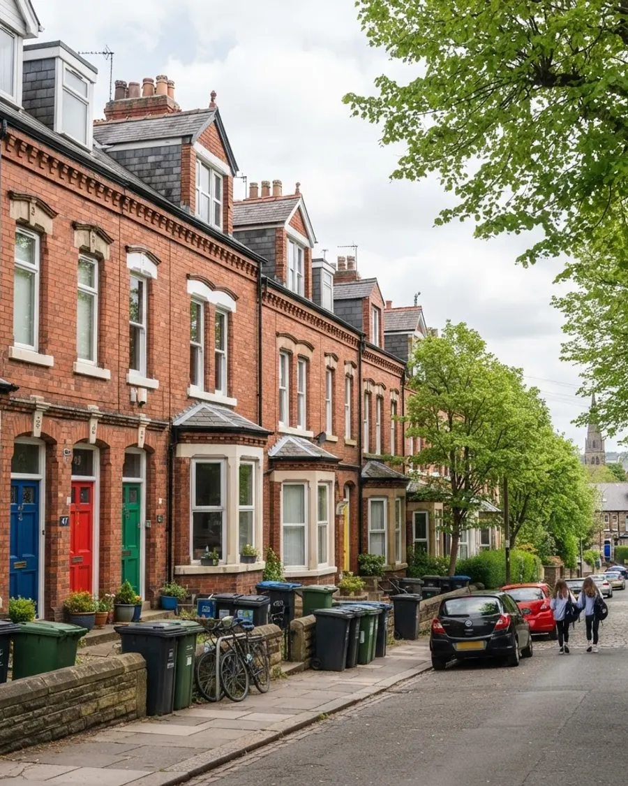 A row of red-brick Victorian terraced student houses on a leafy Headingley street in Leeds
